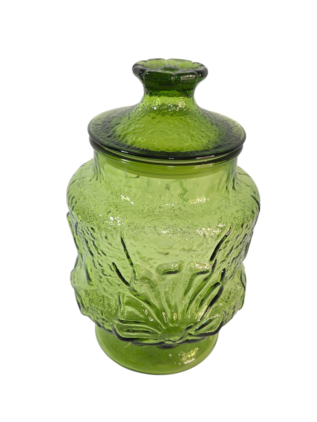 Vintage Anchor Hocking avocado green canister, measurement and detail view
