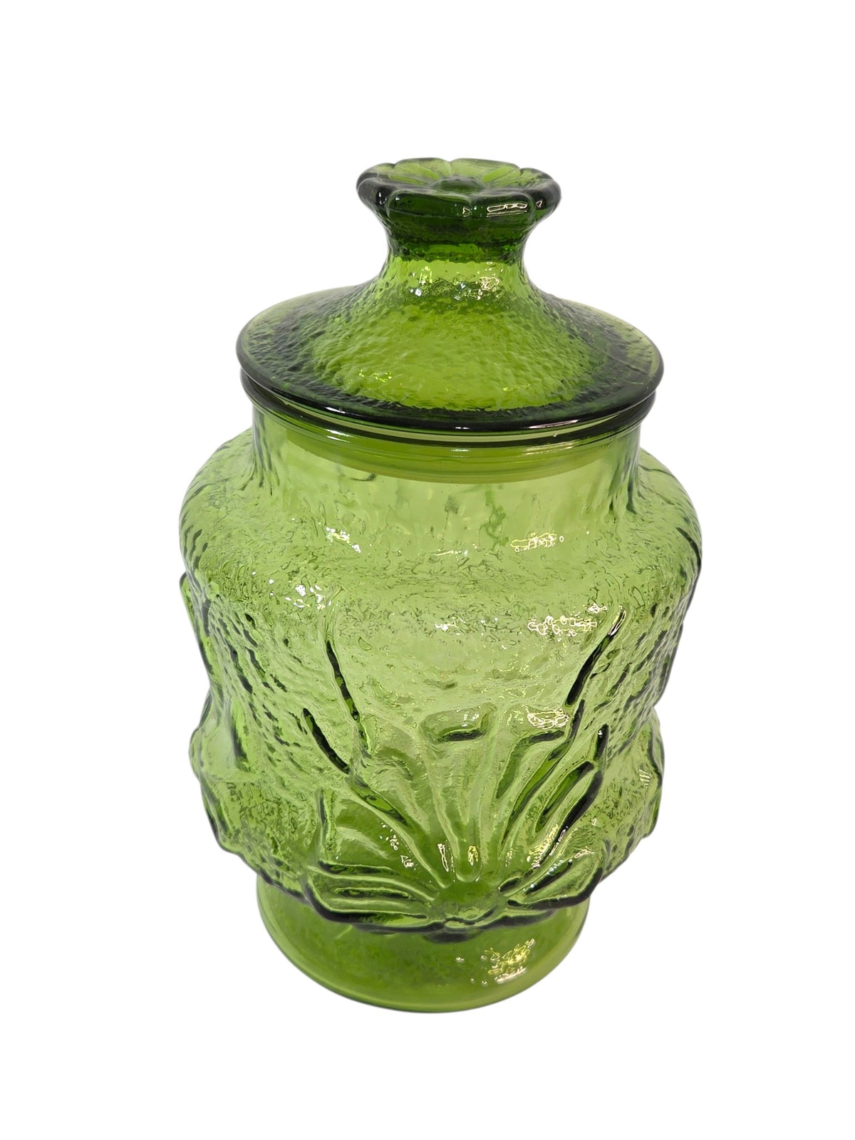Vintage Anchor Hocking avocado green canister, measurement and detail view