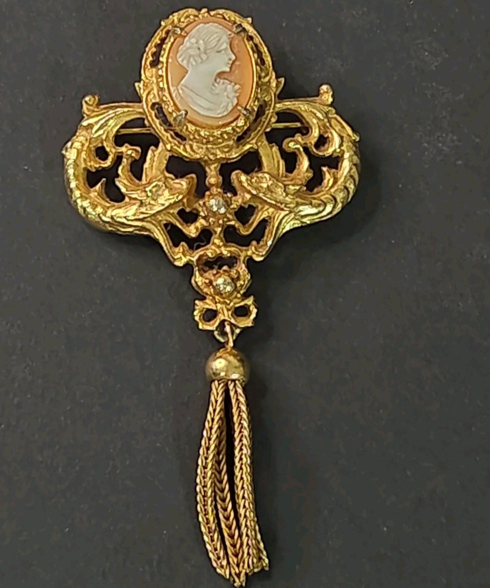 Signed Geno Gothic Cameo Dragon Brooch | Rare 1960s Medieval Tassel Pin | Collectible Signed Jewelry