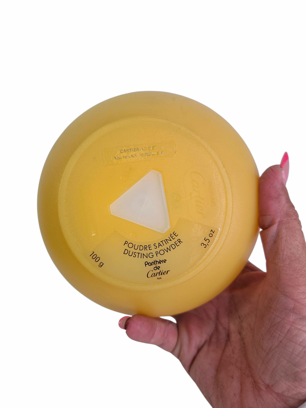 Oddly Darling Vintage Panthère de Cartier dusting powder opened to show the powder level