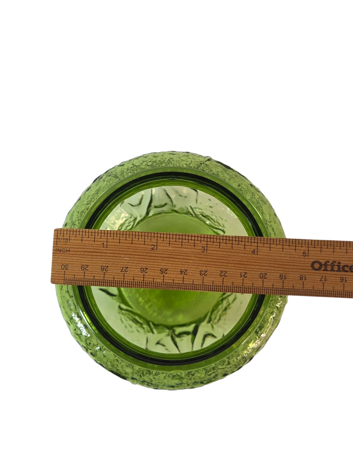 Avocado green Rain Flower glass canister, condition and detail view