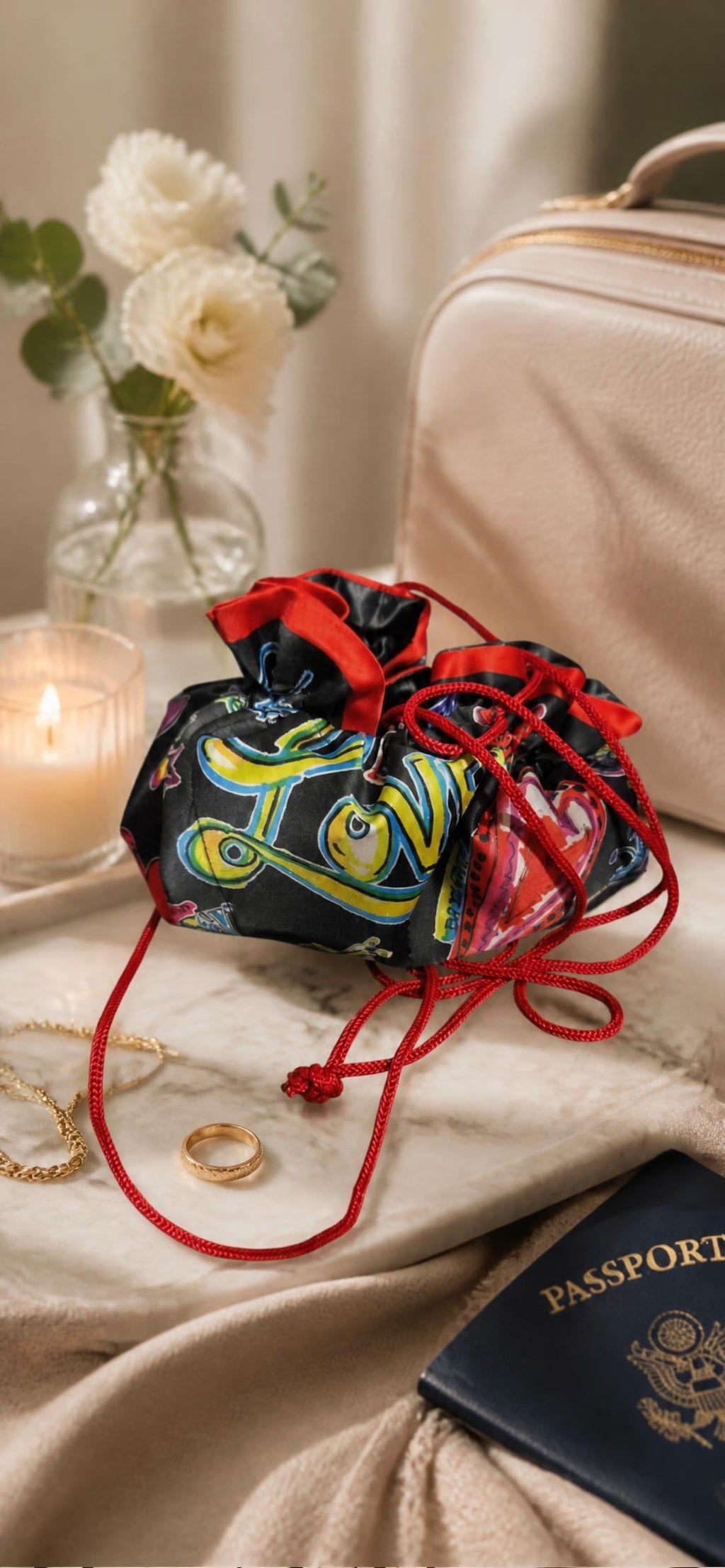 Oddly Darling Vintage Brighton drawstring jewelry organizer pouch with graffiti print