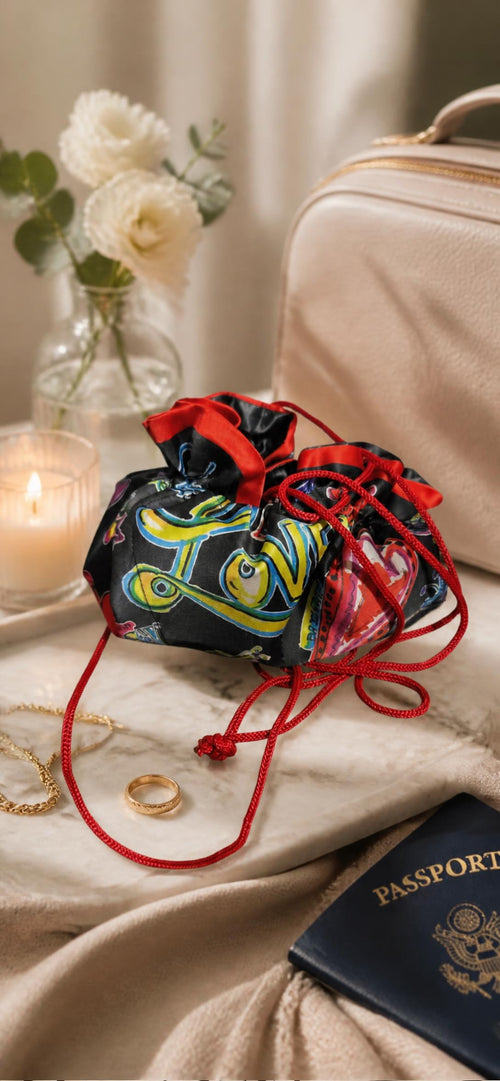 Oddly Darling Vintage Brighton drawstring jewelry organizer pouch with graffiti print