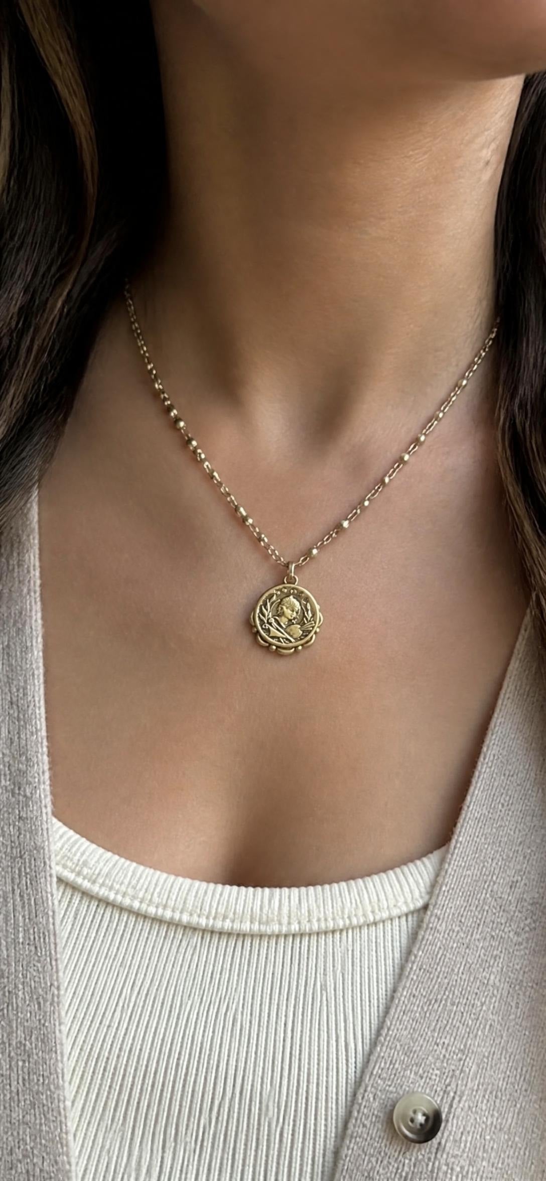 Oddly Darling Vintage Antique brass coin medallion pendant necklace on beaded chain