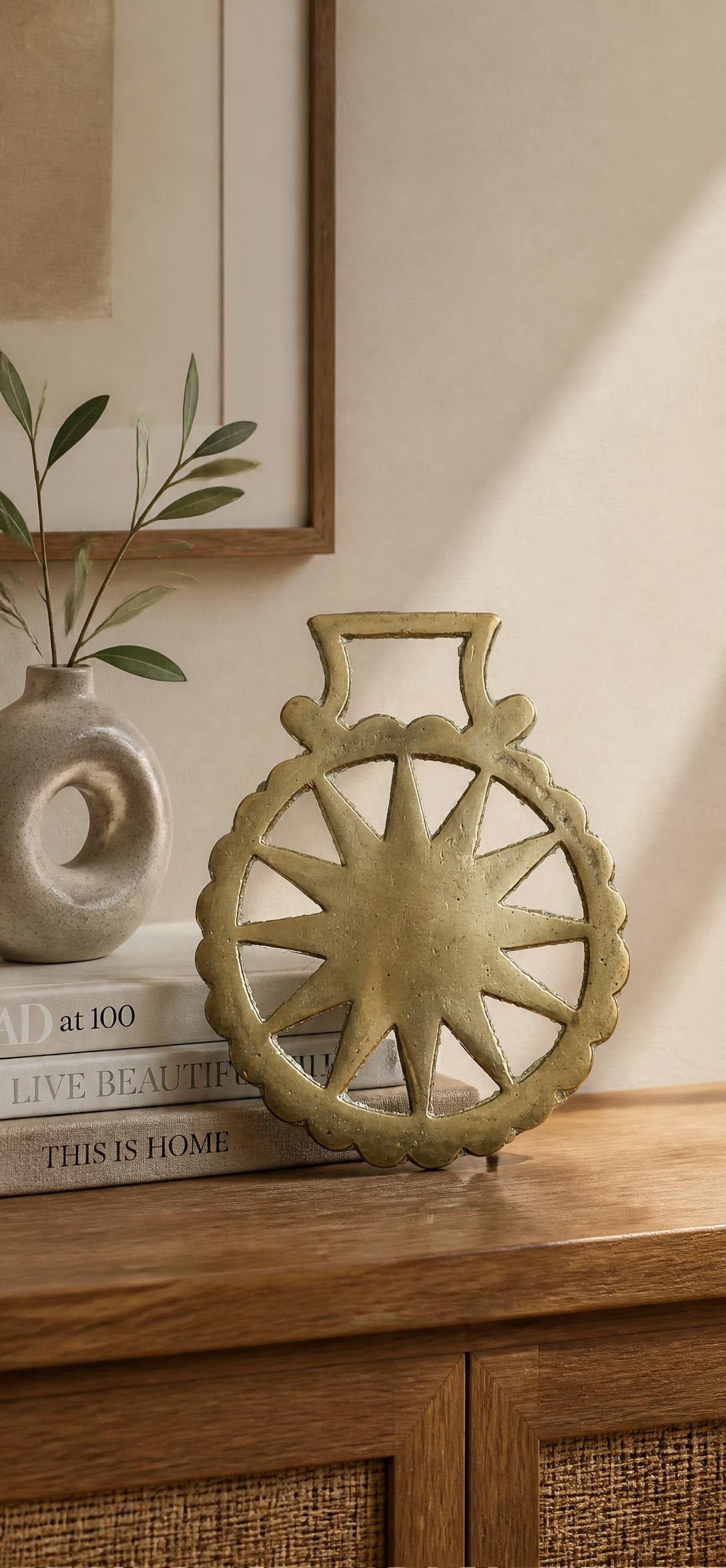 Oddly Darling Vintage Brass horse harness medallion with sunburst cut-out design