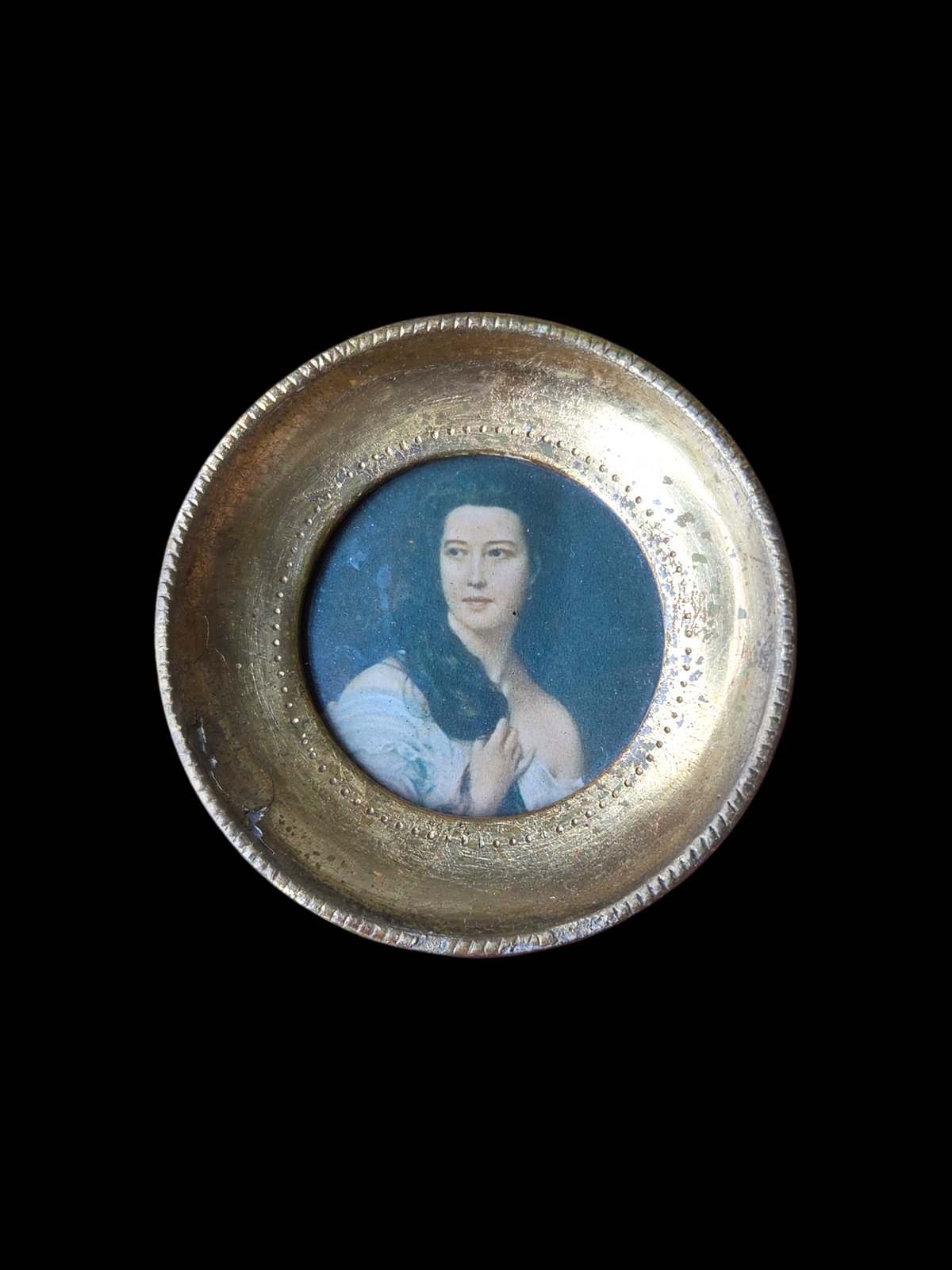 Oddly Darling Vintage Florentine style gilt wood mini frame, 3.25 inches, with a portrait print under glass.