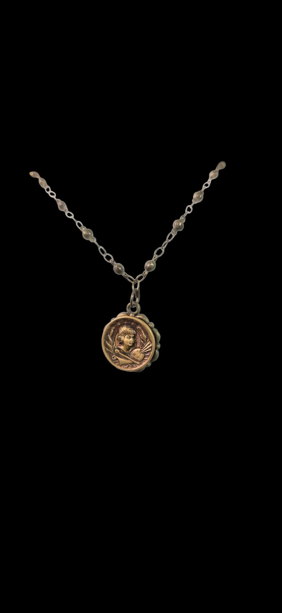 Antique Brass Coin Medallion Pendant Necklace | Classical Relief Botanical Beaded Chain Statement Necklace
