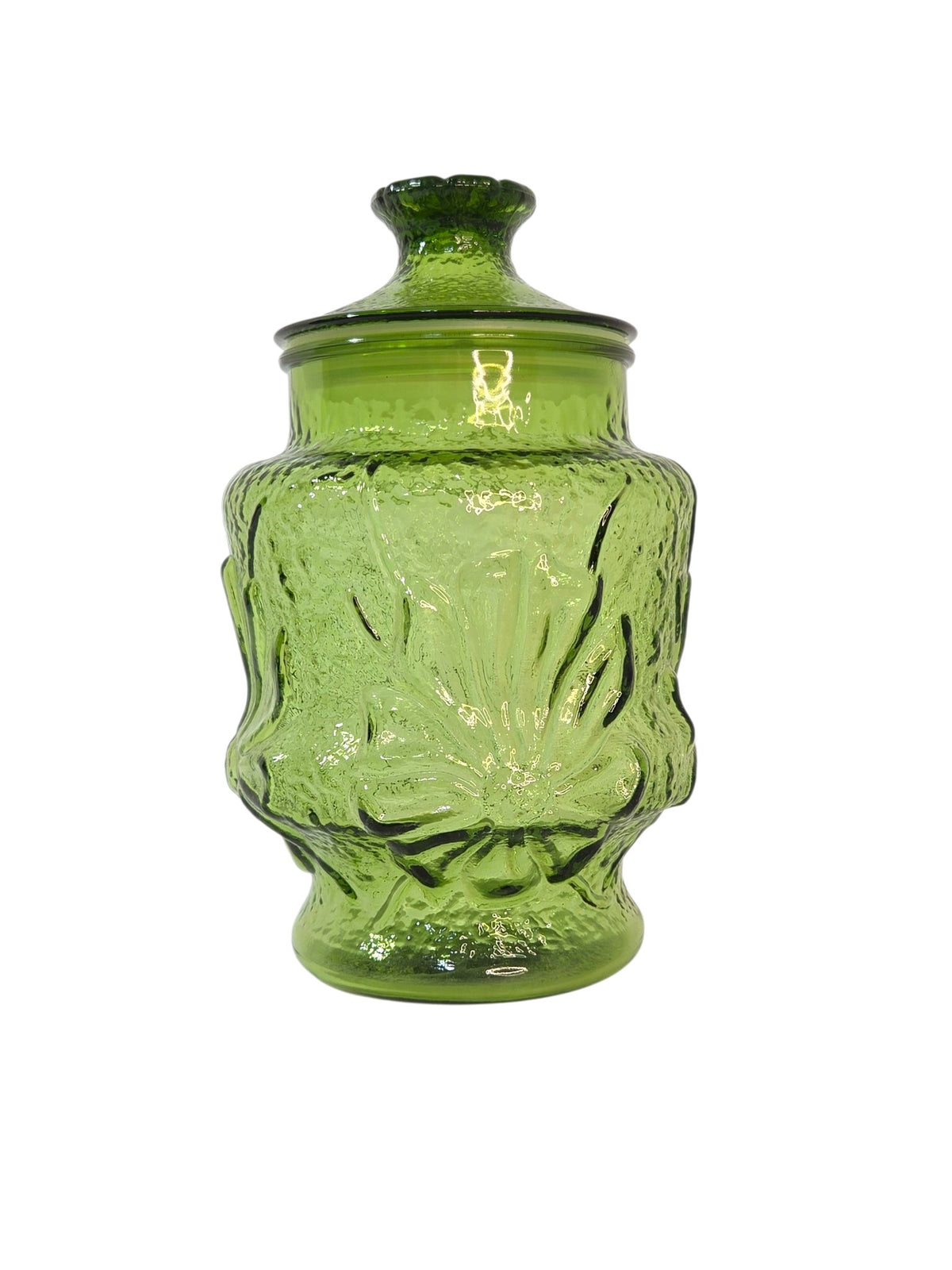 Avocado green Anchor Hocking Rain Flower glass canister with lid, 9 inches tall