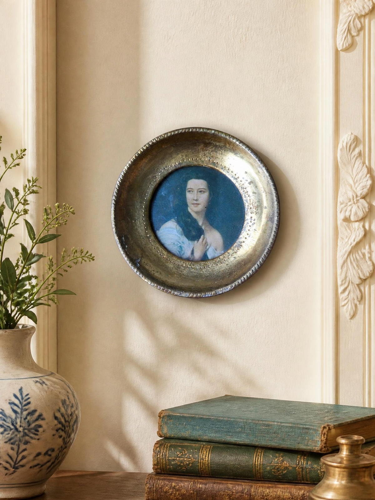 Oddly Darling Vintage round gilt wood miniature frame in the Florentine style with a Victorian lady portrait print.