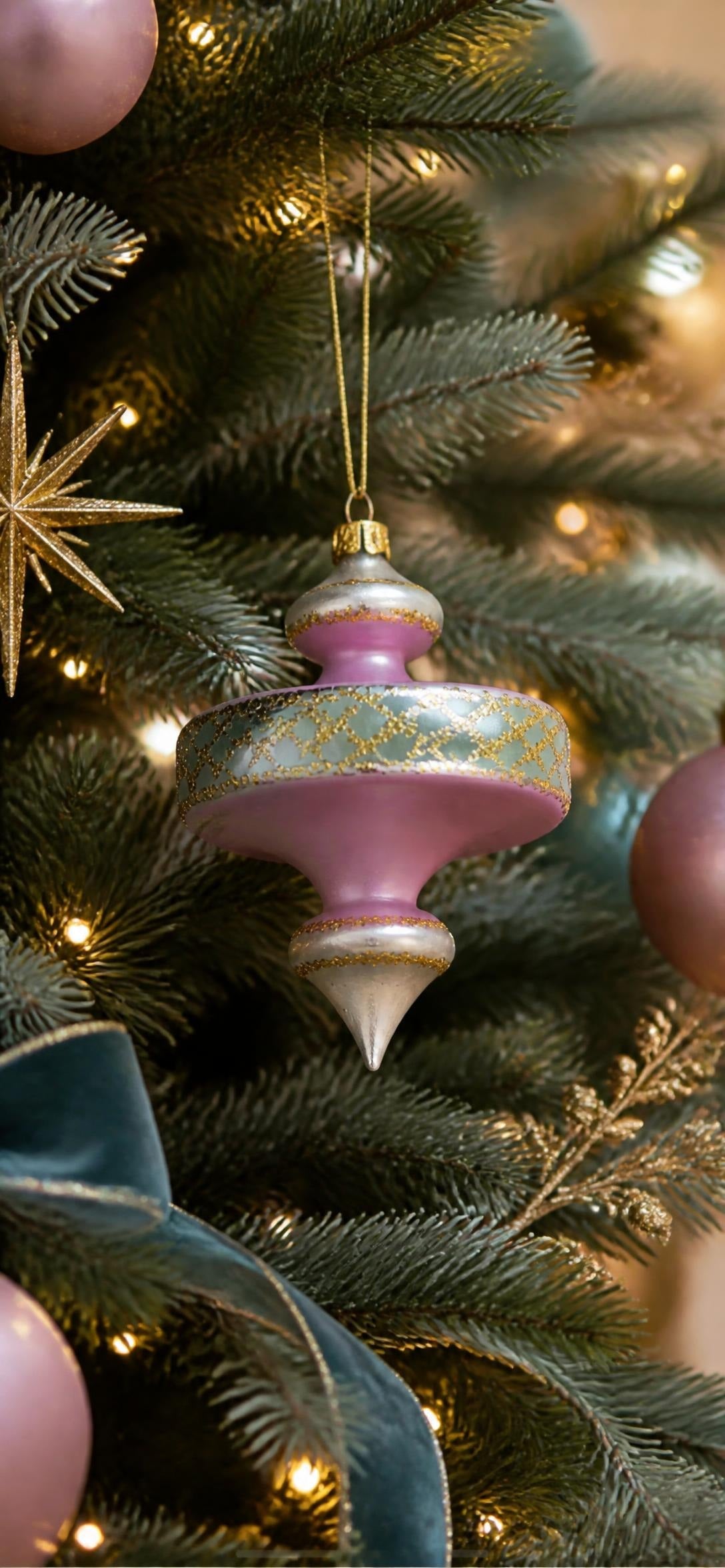Oddly Darling Vintage 1989 Christopher Radko spin top Christmas ornament in pink, blue and gold
