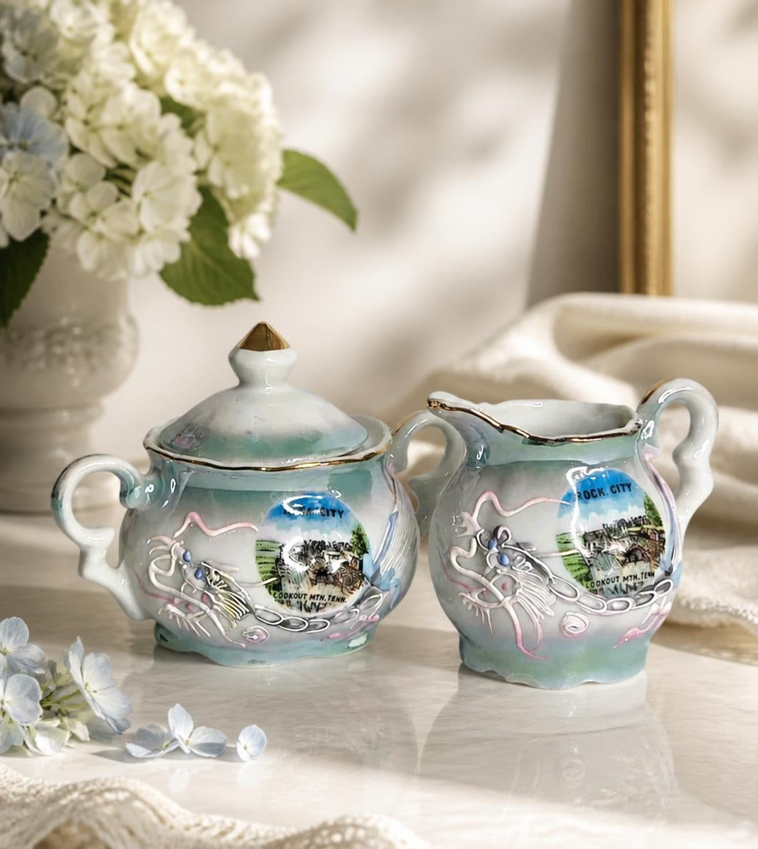Oddly Darling Vintage Dragonware Rock City Tennessee souvenir cream and sugar set