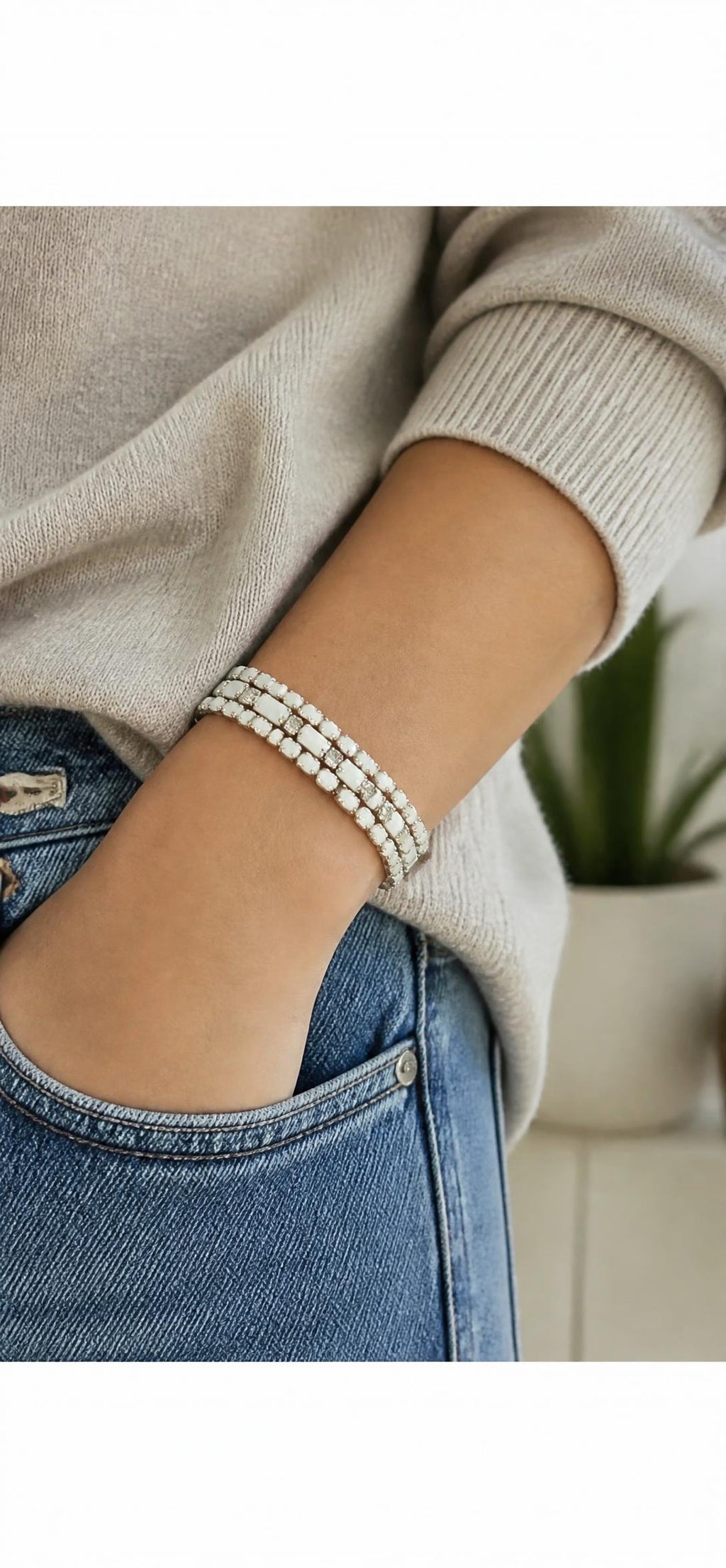 Oddly Darling Vintage Milk glass and crystal multi-strand silver-tone bracelet