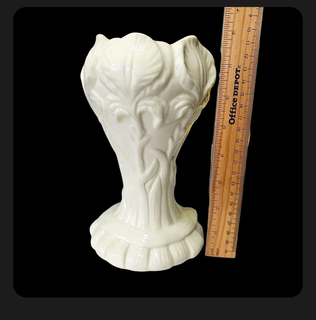 White Porcelain Iris Vase | Embossed Iris Blooms & Leaves | Scalloped Pedestal Base | 8" | Beta Sigma Phi 1998