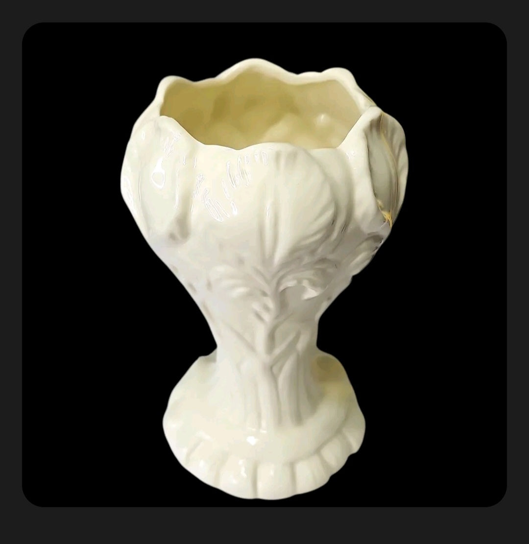 White Porcelain Iris Vase | Embossed Iris Blooms & Leaves | Scalloped Pedestal Base | 8" | Beta Sigma Phi 1998