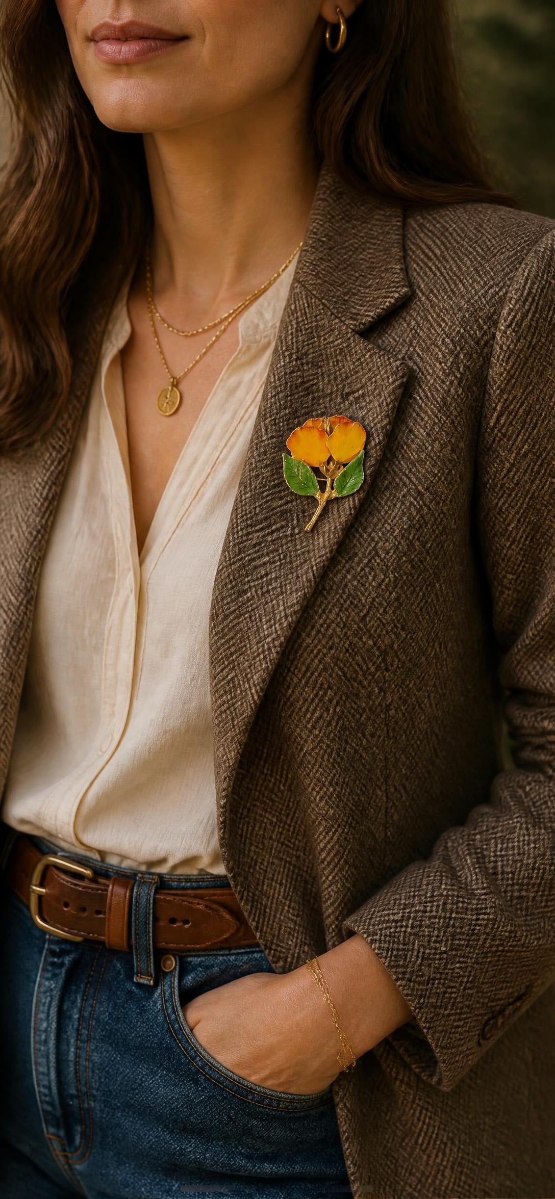 Oddly Darling Vintage Yellow and orange enamel flower brooch pin