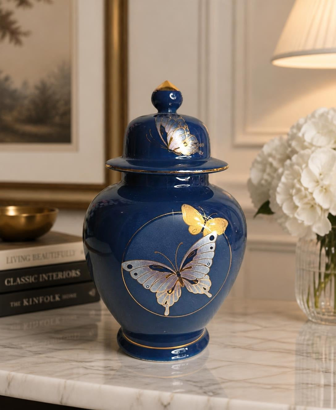 Oddly Darling Vintage Cobalt blue chinoiserie ginger jar with butterflies and gold leaf
