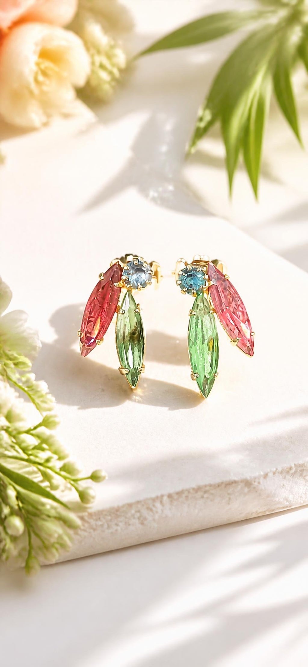 Oddly Darling Vintage Pink, green and blue rhinestone navette clip-on earrings