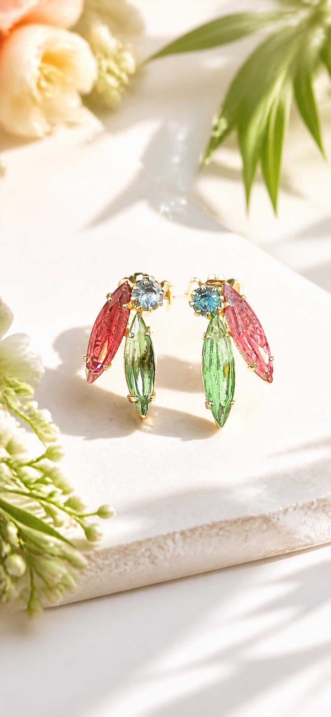 Oddly Darling Vintage Pink, green and blue rhinestone navette clip-on earrings