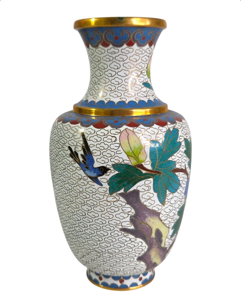 Vintage Cloisonné Floral Vase | Mid-Century Gold Trim Enamel Bud Vase | 6" Tall