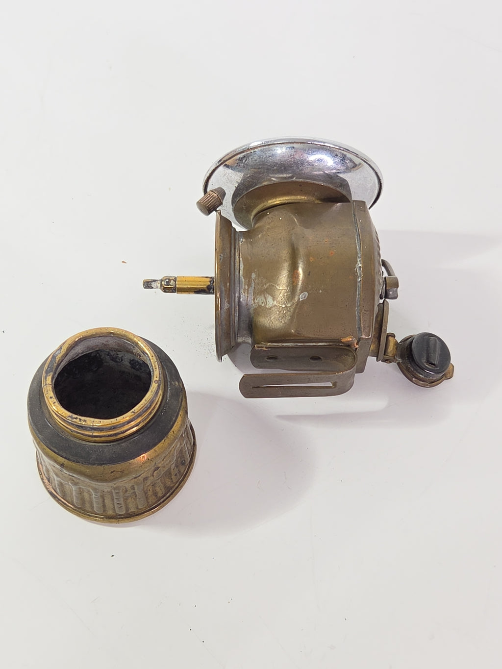 Antique Justrite Brass Carbide Miner's Cap Lamp | Six-Sided Tank & Fluted Base | Patented Dec. 30, 1919 | Reflector & Striker | 4" | As Found