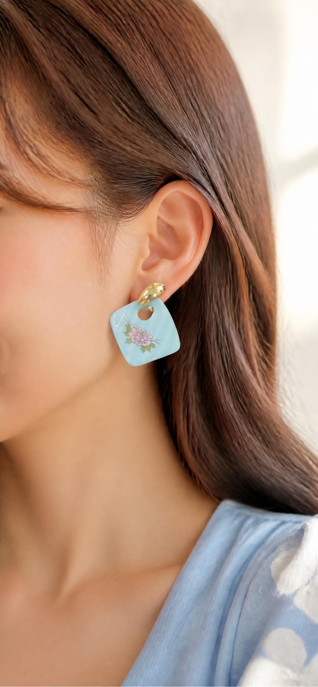 Oddly Darling Vintage Sky blue ceramic earrings hand-painted with pink peonies