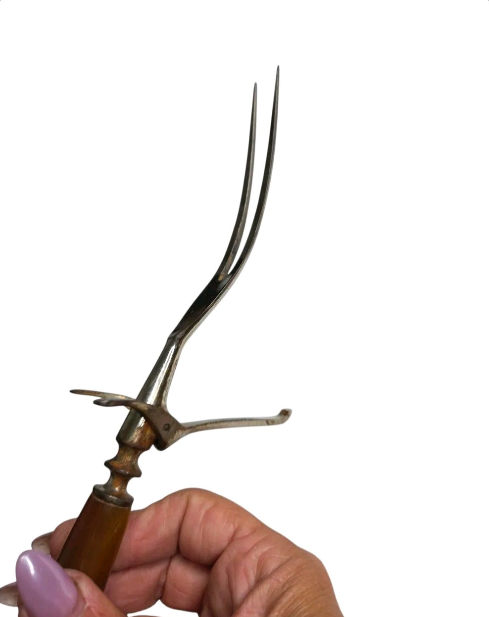 Butterscotch Bakelite Handle Steel Carving Fork | Mid-Century Modern Kitchen Serveware