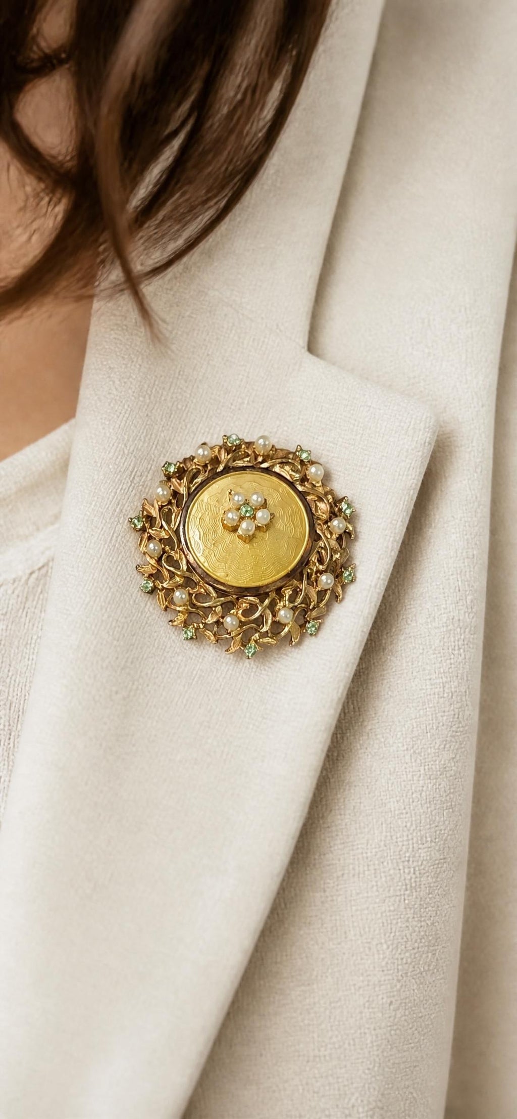 Oddly Darling Vintage Signed Cathe yellow guilloche enamel brooch