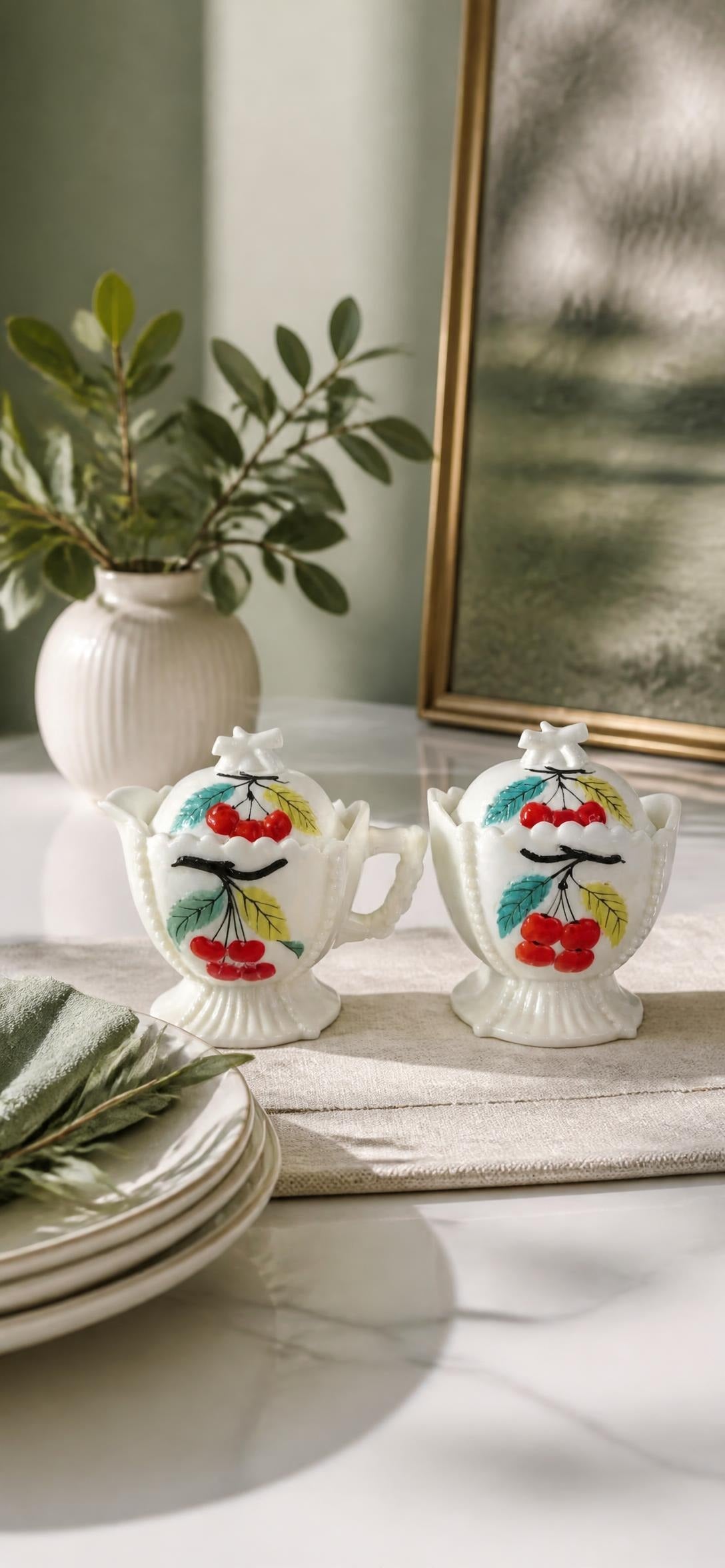 Oddly Darling Vintage Westmoreland milk glass cream and sugar set with hand-painted grapes and cherries