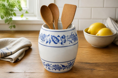 Antique Waechtersbach blue and white ceramic barrel jar with Blue Onion style floral bands, from Oddly Darling Vintage.