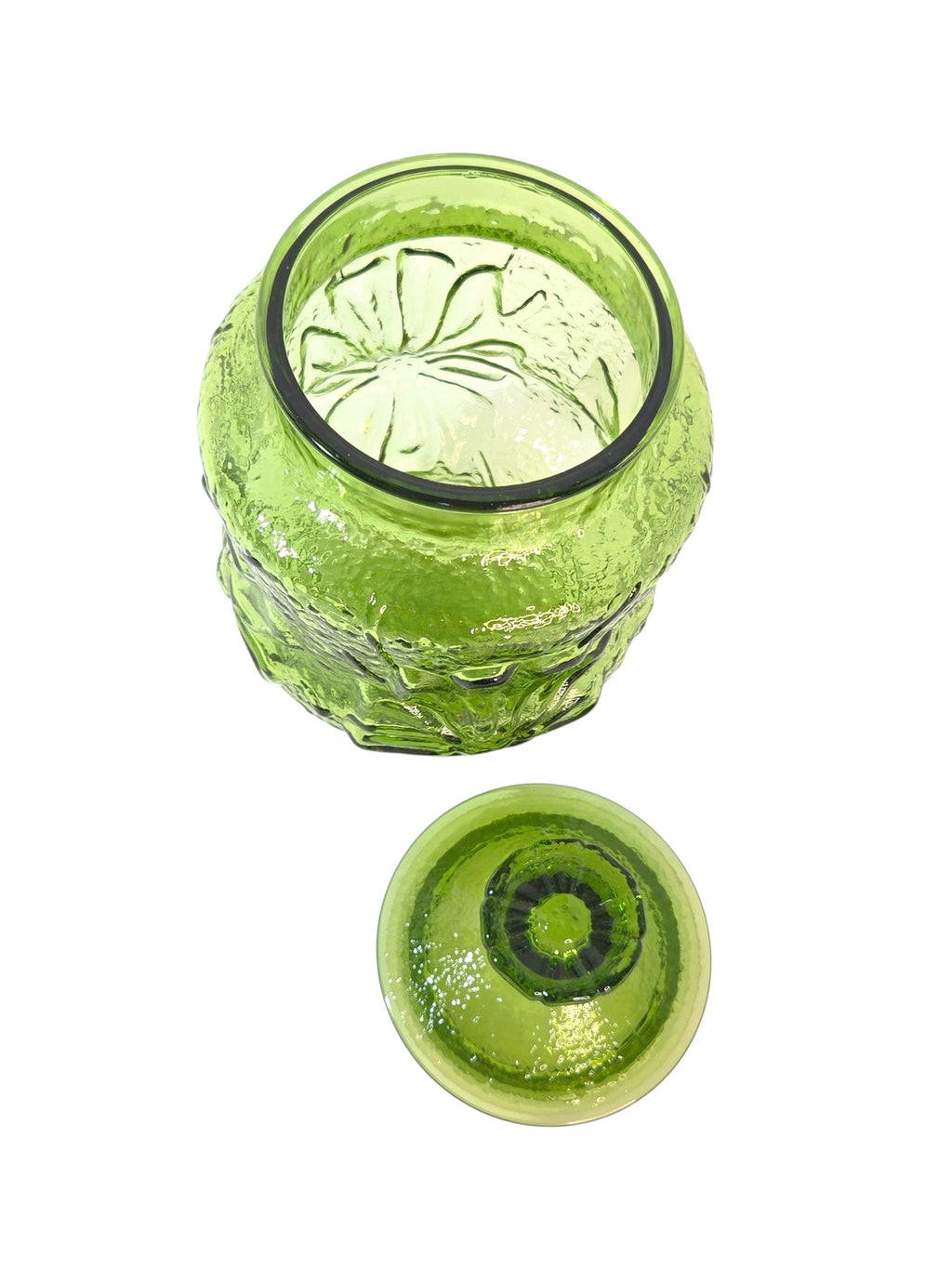 Vintage green glass Rain Flower canister by Anchor Hocking, another view