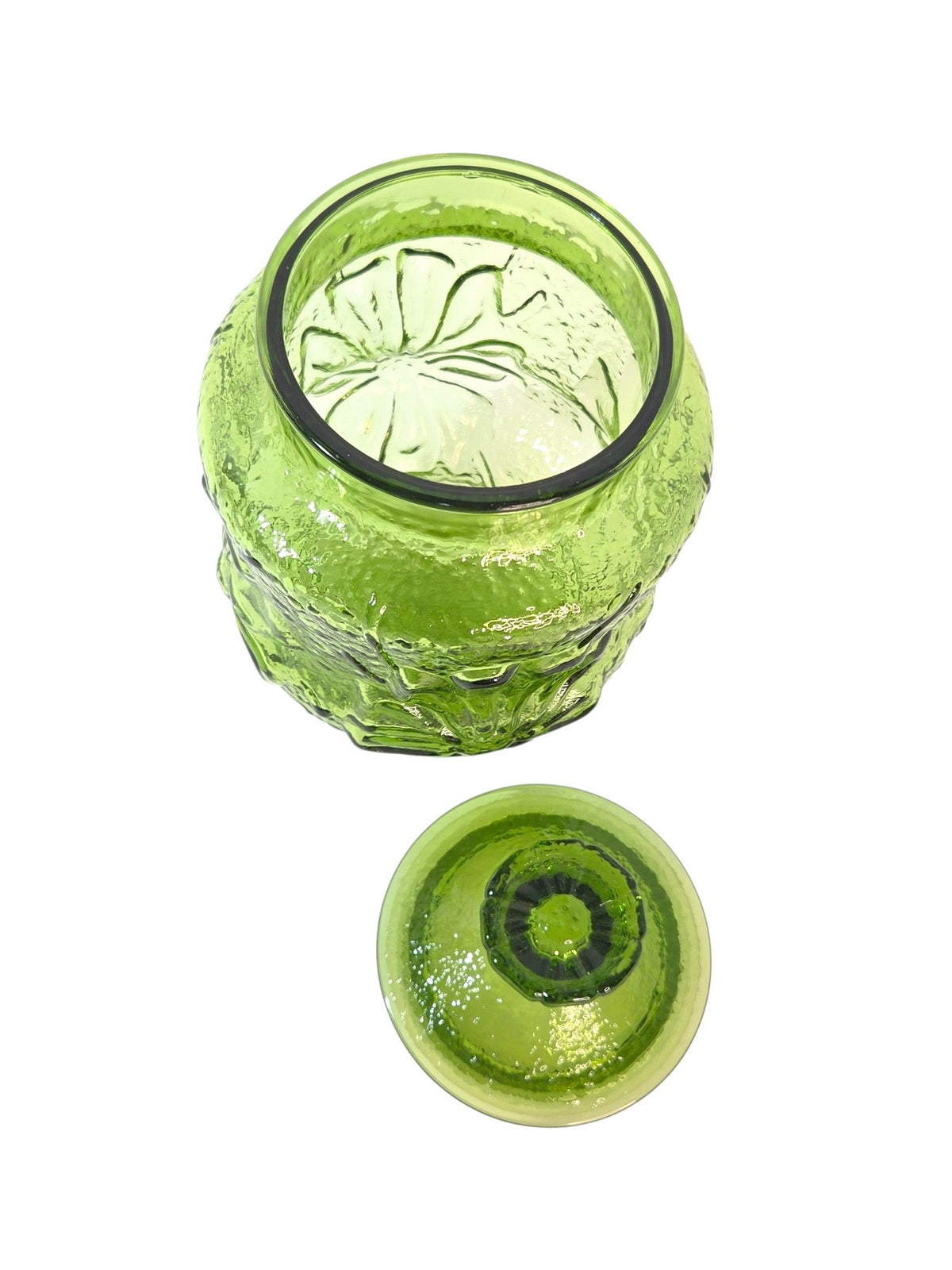 Vintage green glass Rain Flower canister by Anchor Hocking, another view