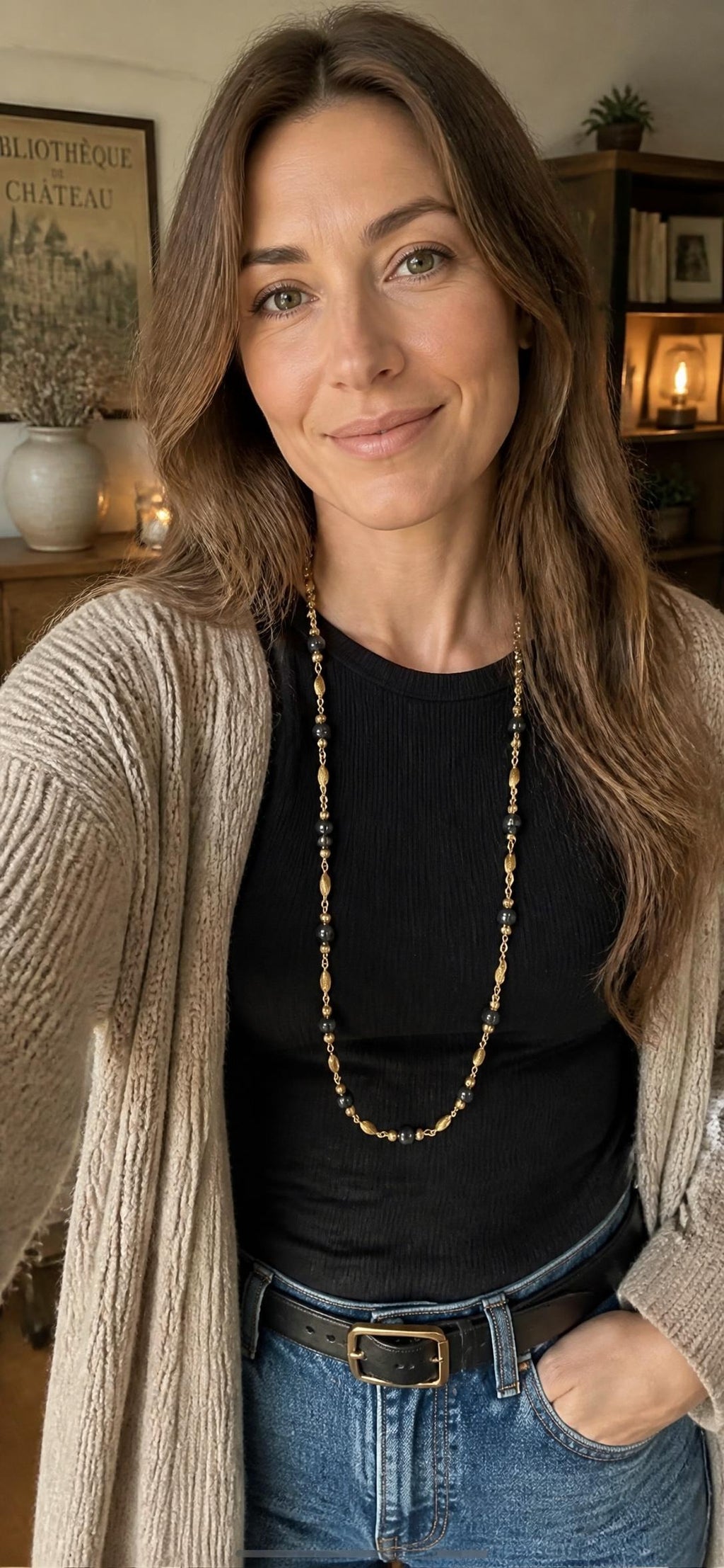 Oddly Darling Vintage Long gold-tone and black glass bead chain necklace