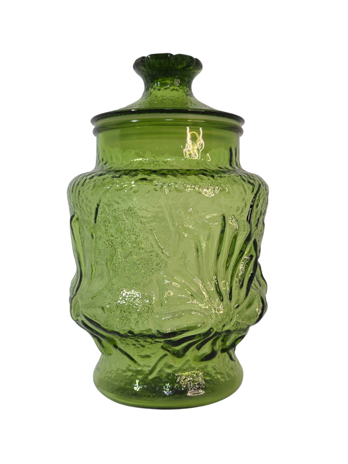 1970s avocado green pressed glass canister with raised flowers and pebbly texture