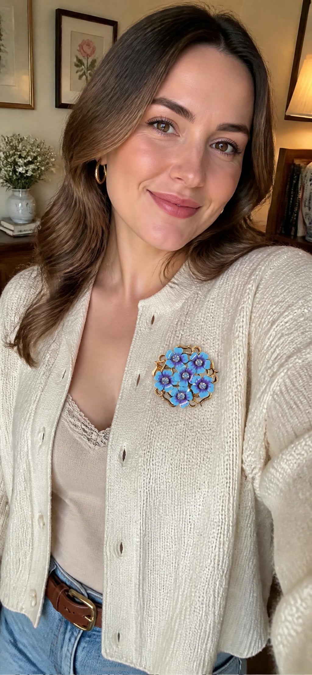 Oddly Darling Vintage Avon floral cluster brooch with blue and purple enamel and rhinestones