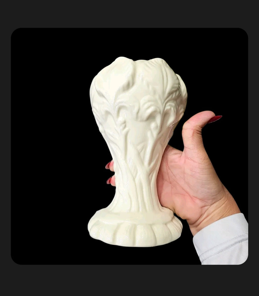 White Porcelain Iris Vase | Embossed Iris Blooms & Leaves | Scalloped Pedestal Base | 8" | Beta Sigma Phi 1998
