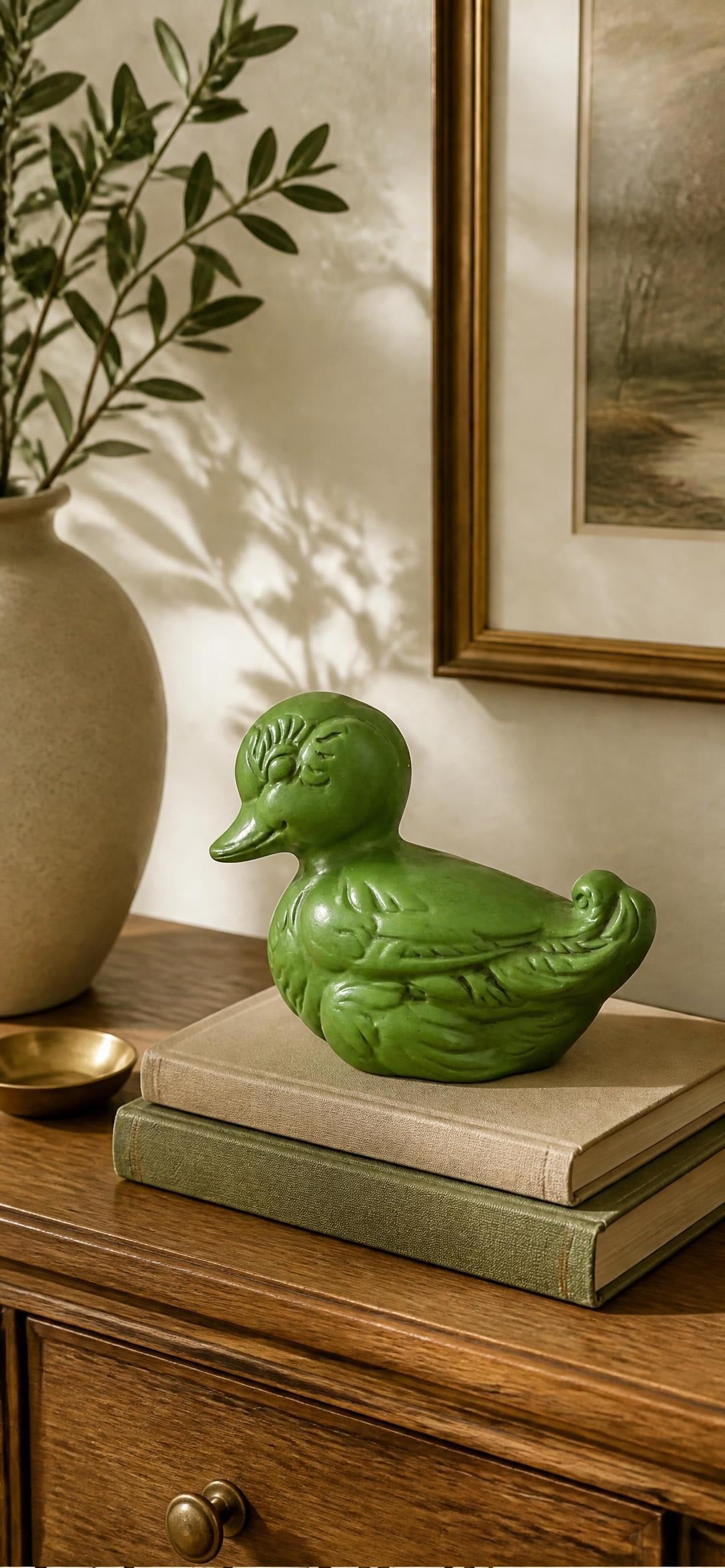 Oddly Darling Vintage Green ceramic duck figurine with matte embossed glaze