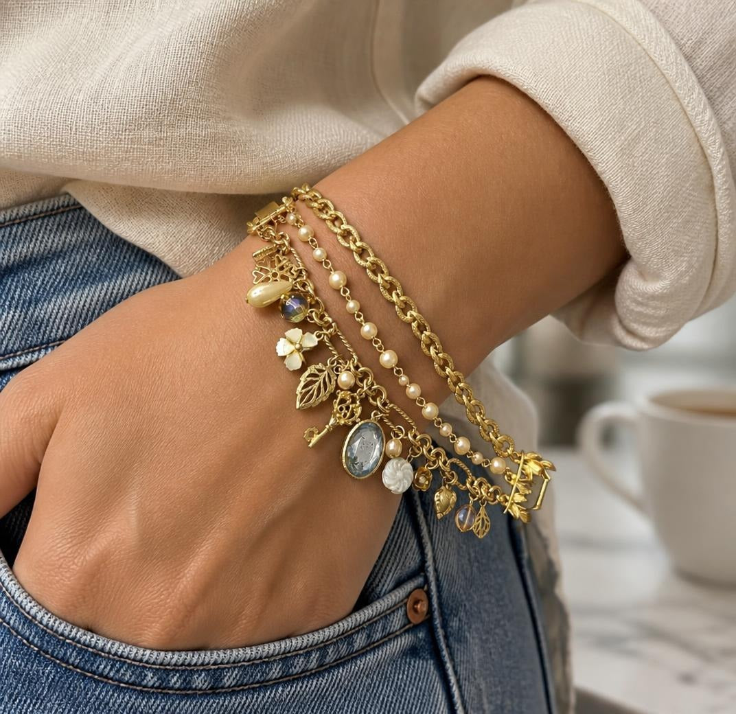 Oddly Darling Vintage Gold-tone multi-strand charm bracelet with faux pearls and key charm