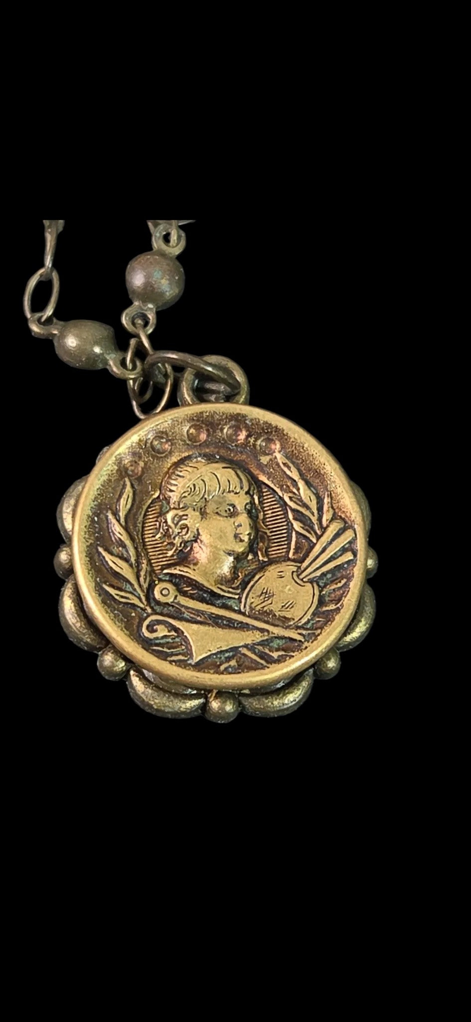 Antique Brass Coin Medallion Pendant Necklace | Classical Relief Botanical Beaded Chain Statement Necklace