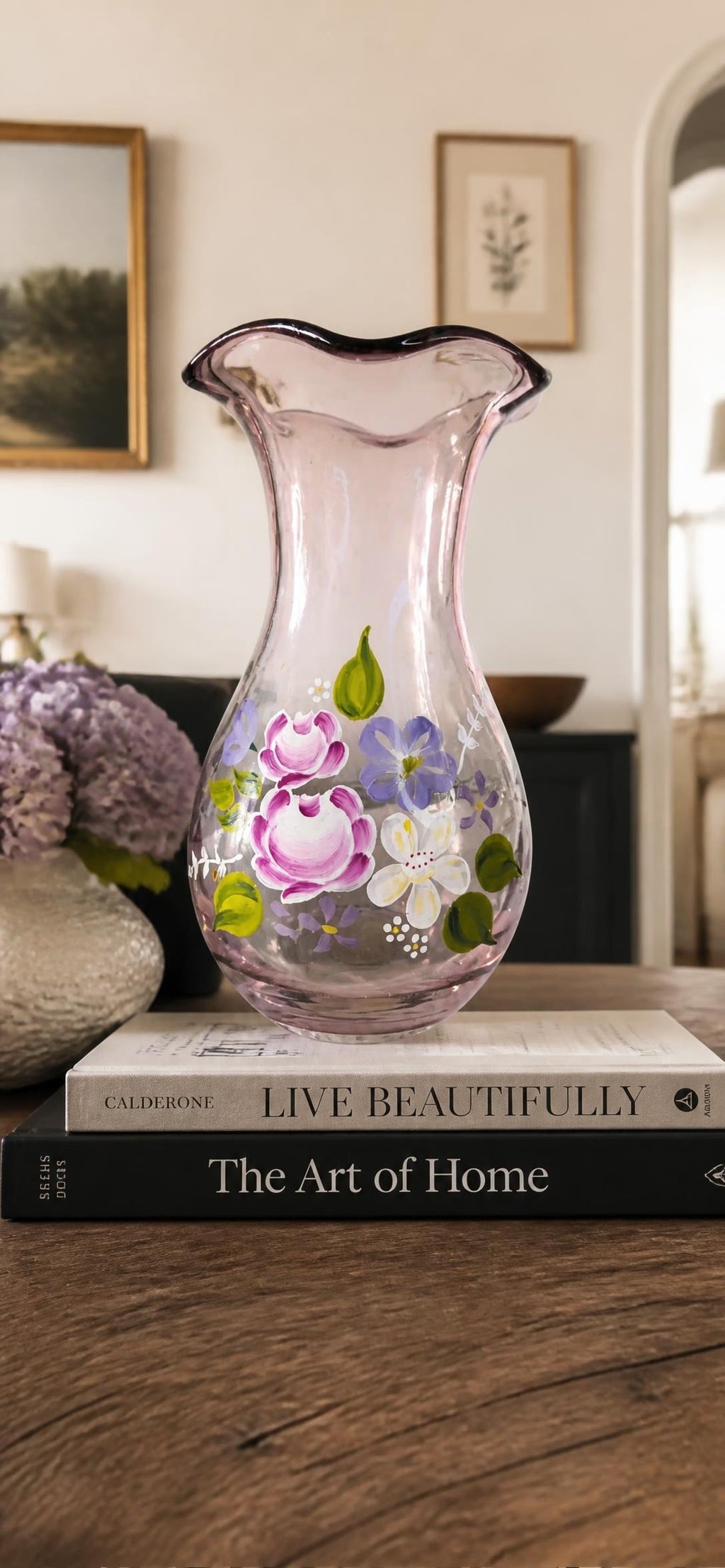 Oddly Darling Vintage Fenton for Teleflora amethyst glass vase with hand-painted flowers
