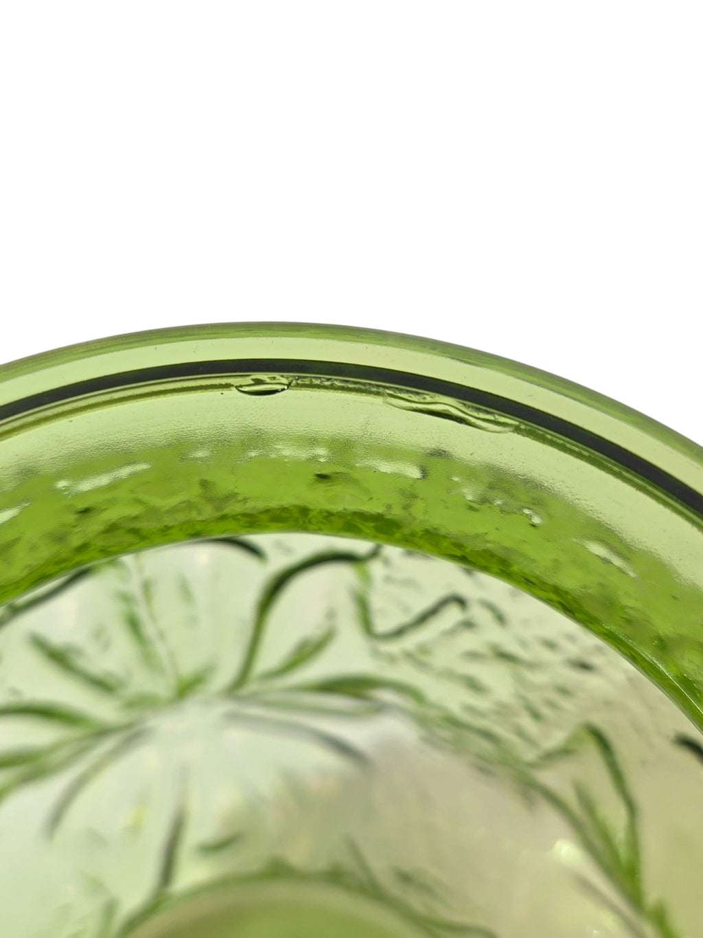 Avocado green glass kitchen canister with matching glass lid, detail view