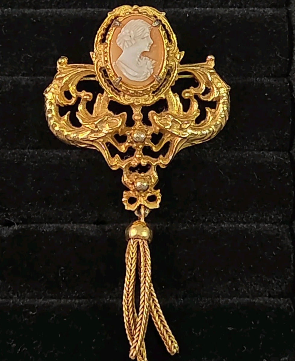 Signed Geno Gothic Cameo Dragon Brooch | Rare 1960s Medieval Tassel Pin | Collectible Signed Jewelry