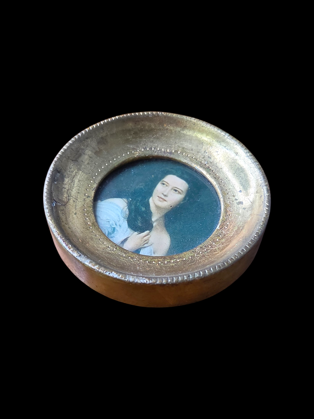 Oddly Darling Vintage miniature gold wall frame with a notched rope edge and a Victorian lady portrait print.