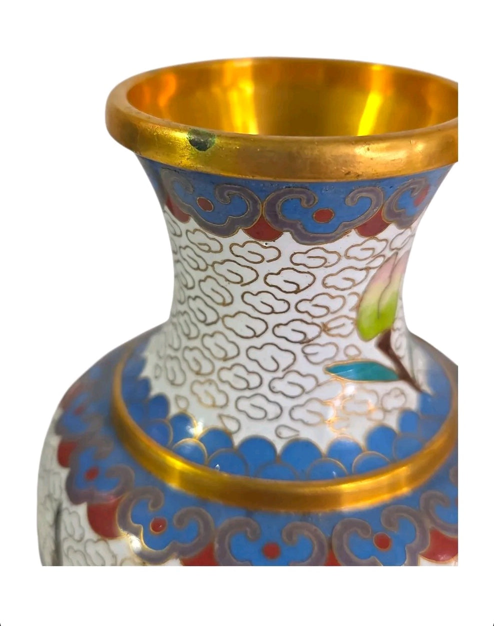Vintage Cloisonné Floral Vase | Mid-Century Gold Trim Enamel Bud Vase | 6" Tall