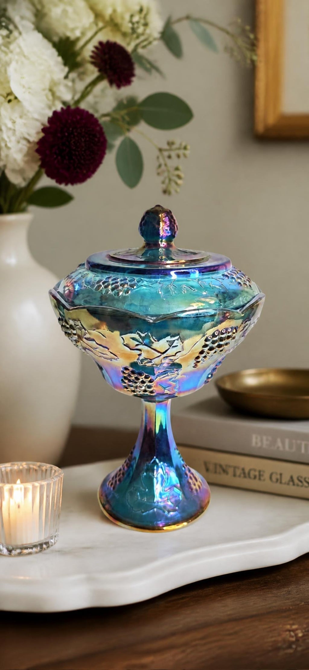 Oddly Darling Vintage Indiana Glass blue carnival Harvest Grape pedestal compote with lid