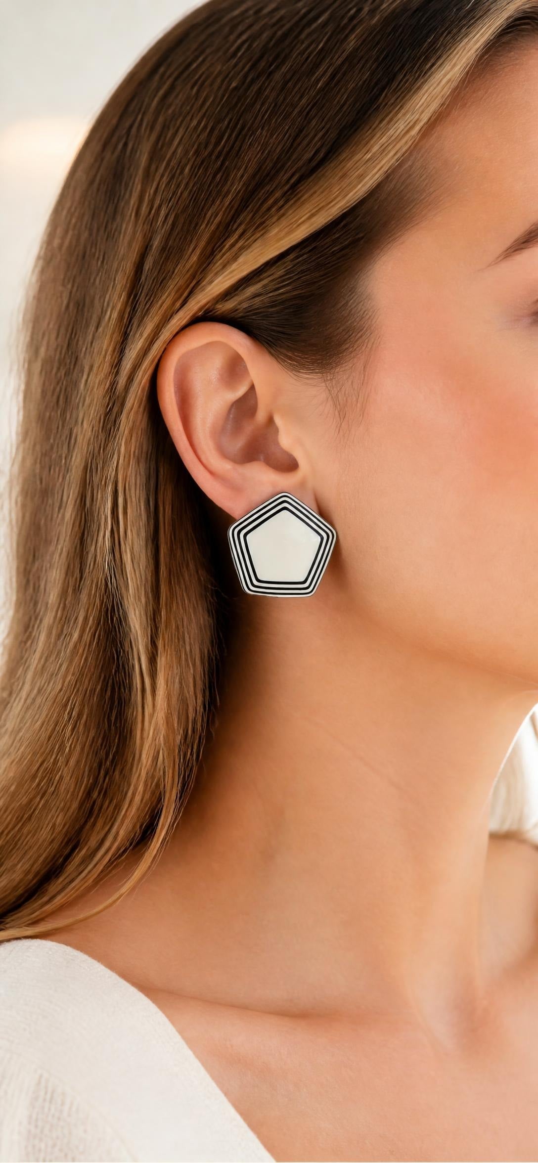 Oddly Darling Vintage Black and white striped pentagon clip-on earrings