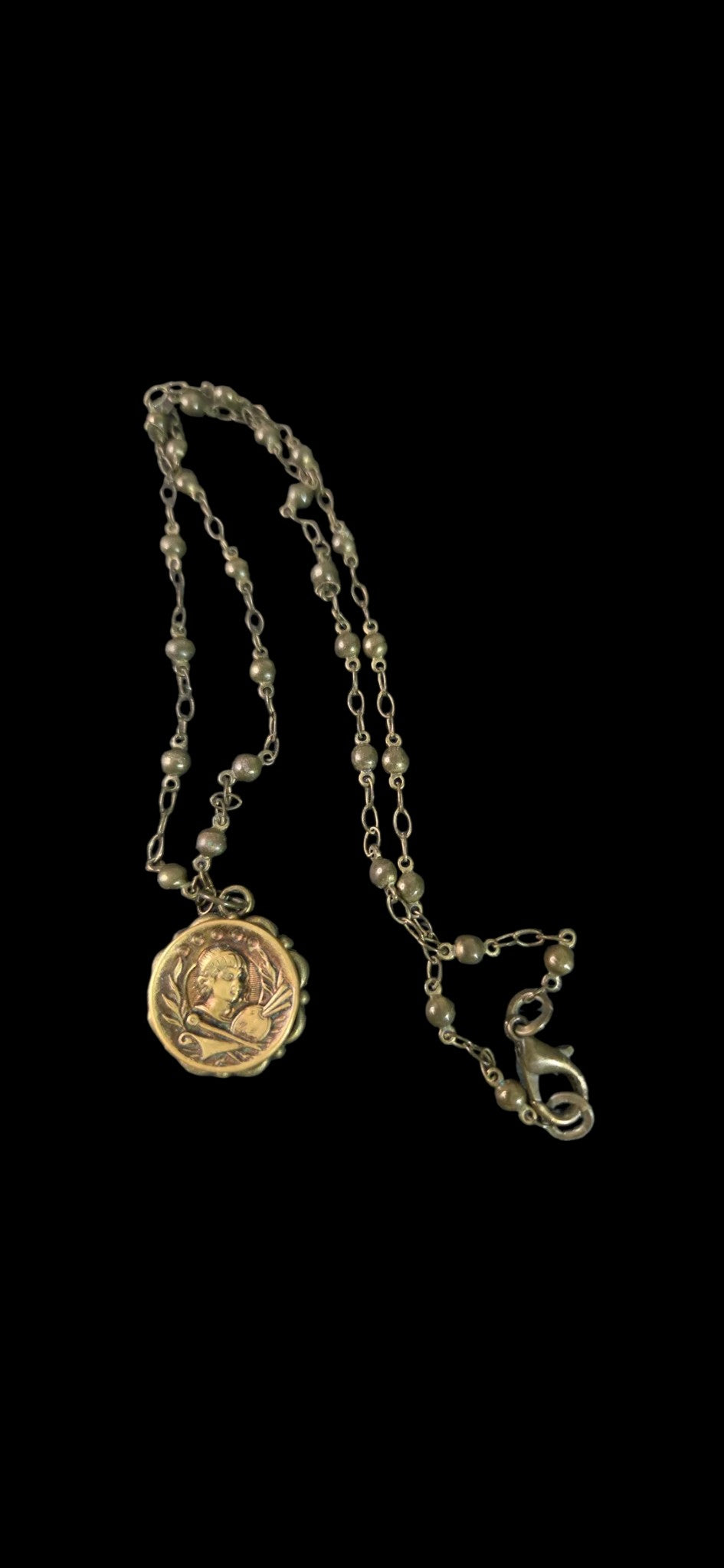 Antique Brass Coin Medallion Pendant Necklace | Classical Relief Botanical Beaded Chain Statement Necklace