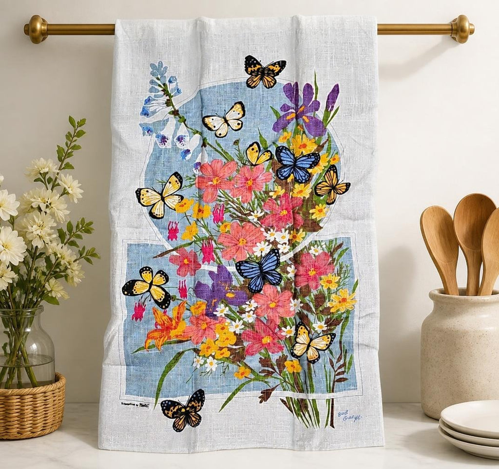 Oddly Darling Vintage Floral butterfly linen kitchen tea towel