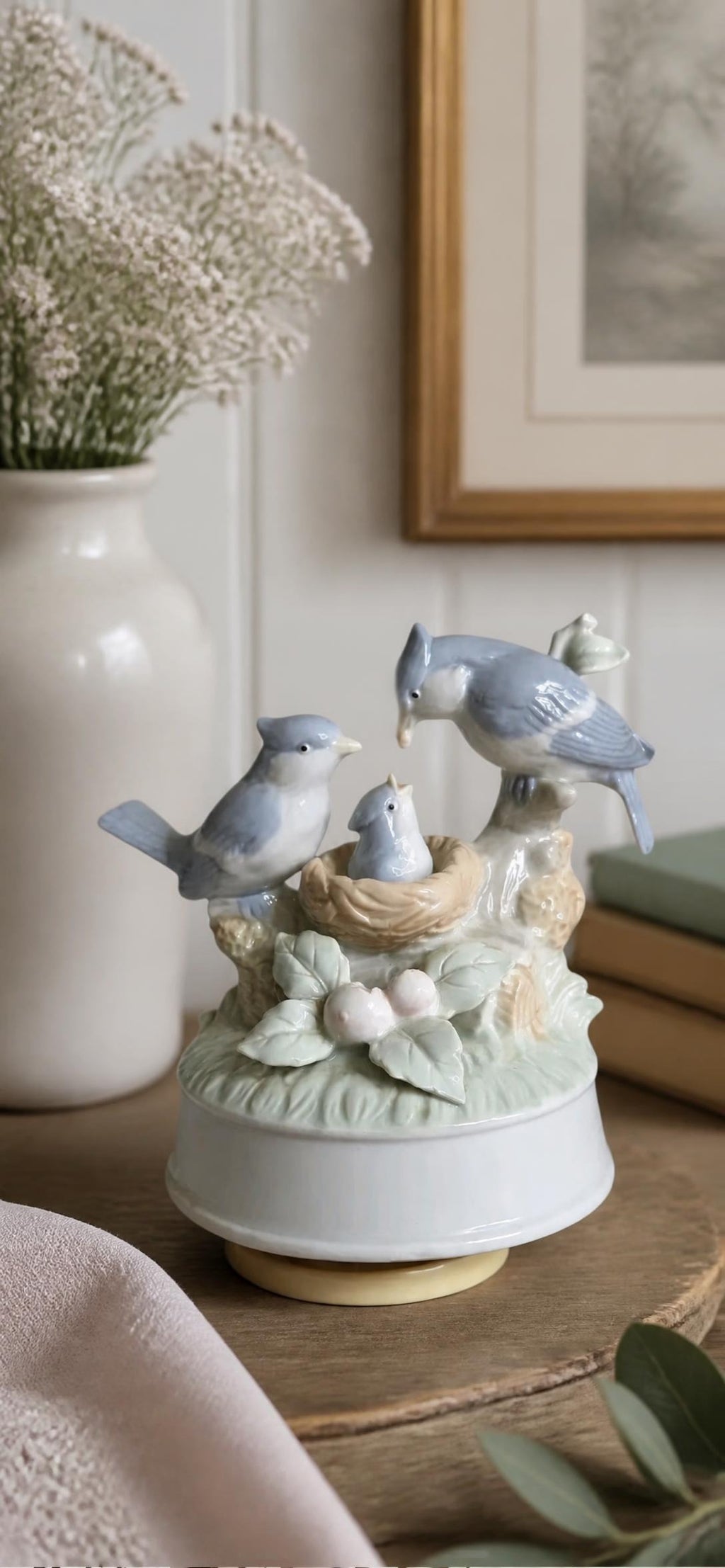 Oddly Darling Vintage Porcelain bluebird family music box figurine