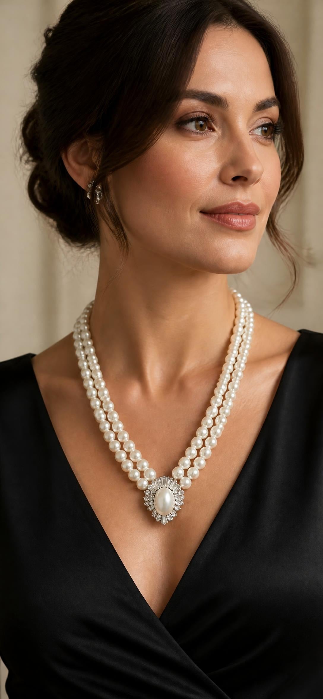 Oddly Darling Vintage Double strand glass pearl necklace with rhinestone pendant