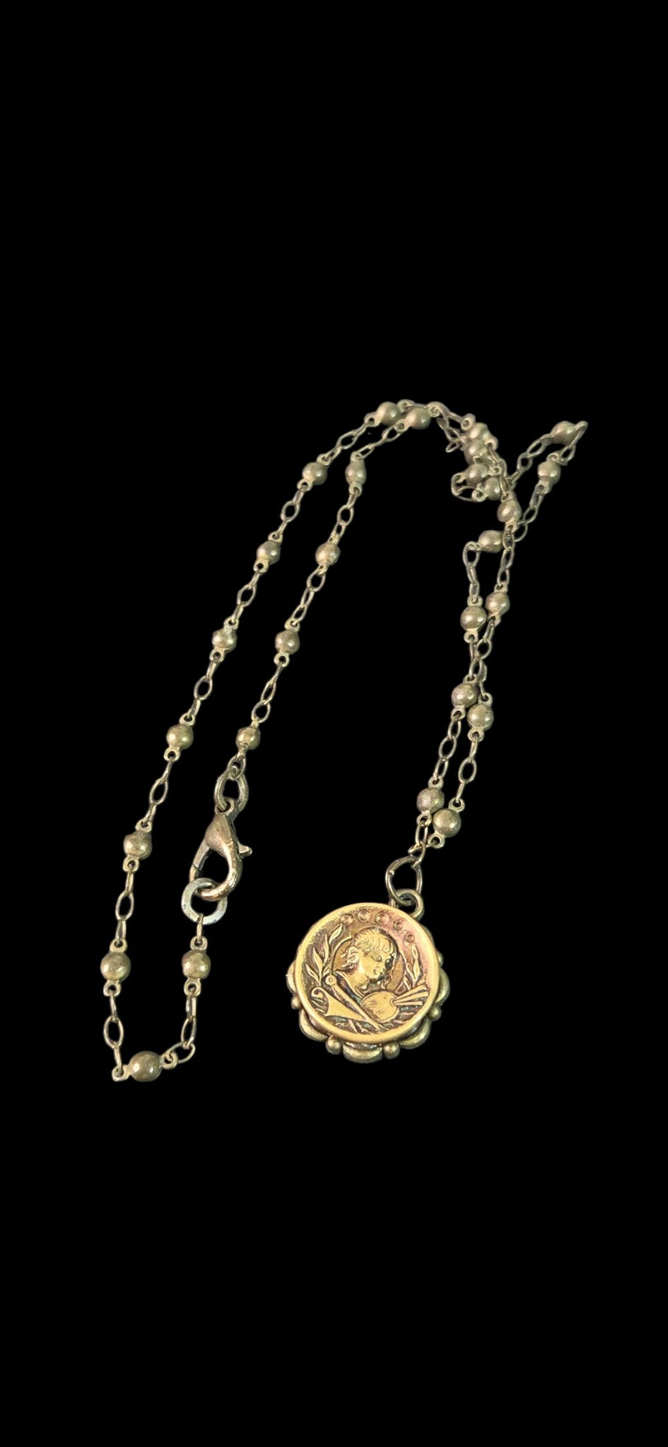 Antique Brass Coin Medallion Pendant Necklace | Classical Relief Botanical Beaded Chain Statement Necklace